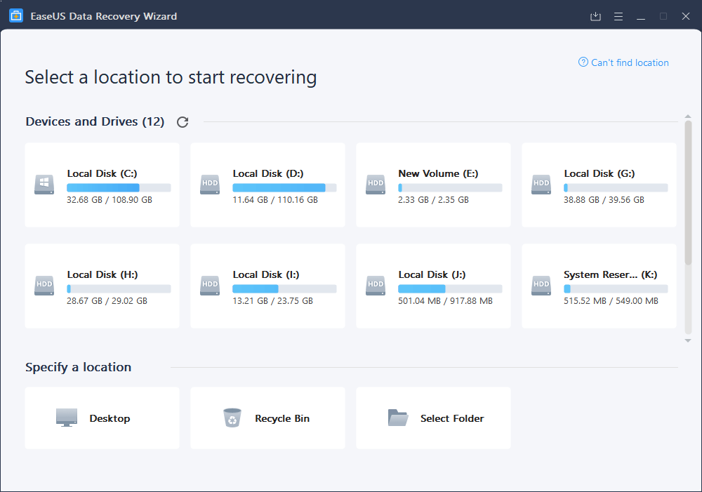 EaseUS Data Recovery Free Screenshot for select a location